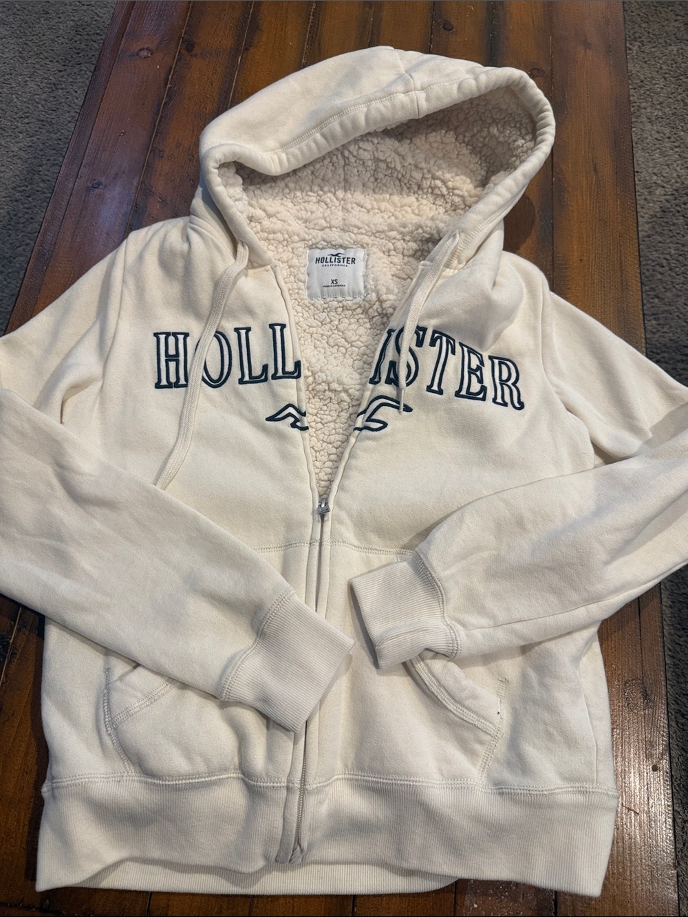 Hollister Cream Sherpa-Lined Zip-Up Hoodie with Navy Logo